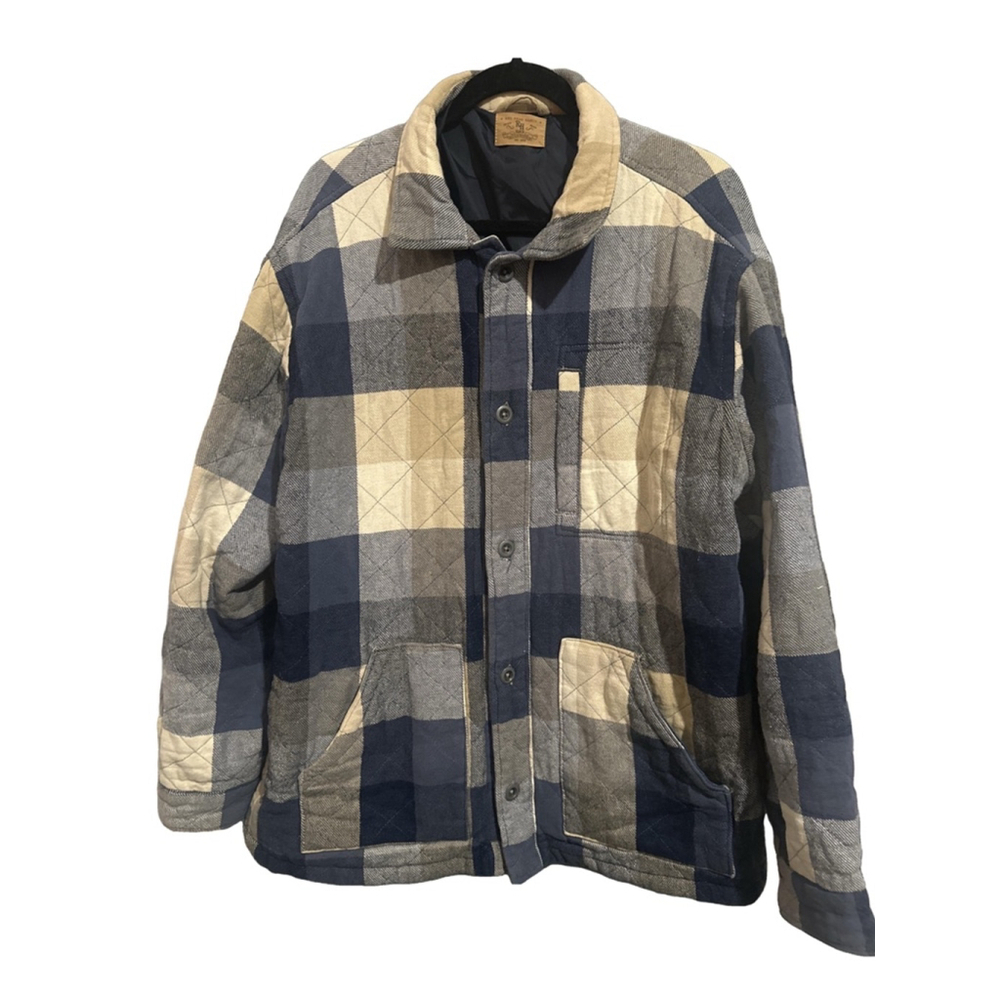 REDHEAD RANCH Size L Blue Beige and White Quilted Buffalo Plaid Shirt Jacket